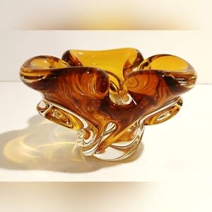 Vintage Amber Art Glass Sculpture Dish